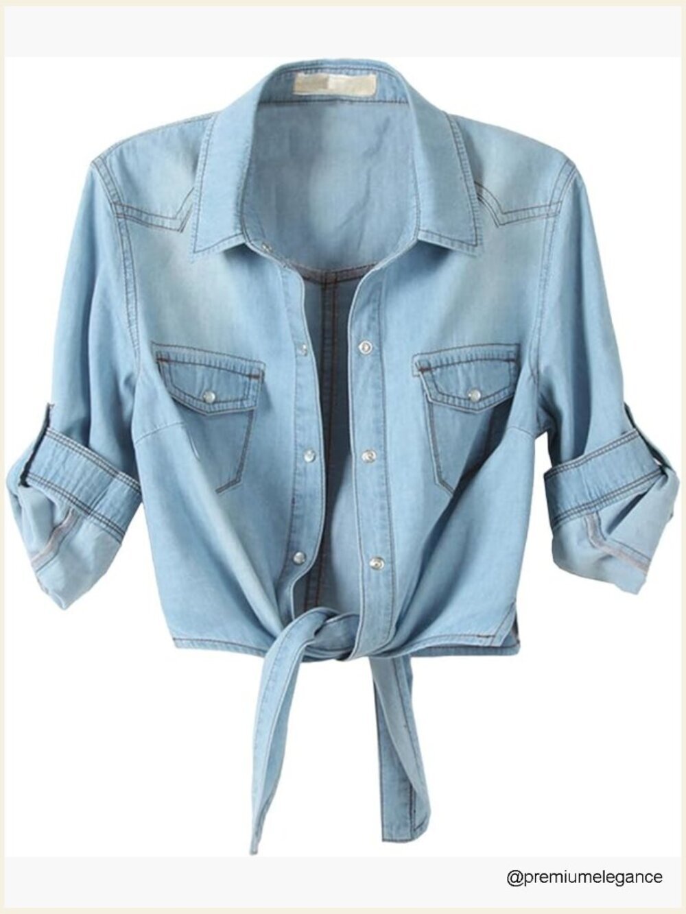 3/4 Sleeve Knot Tie Front Cropped Denim Blouse Shirt Button Down Cardigan Top